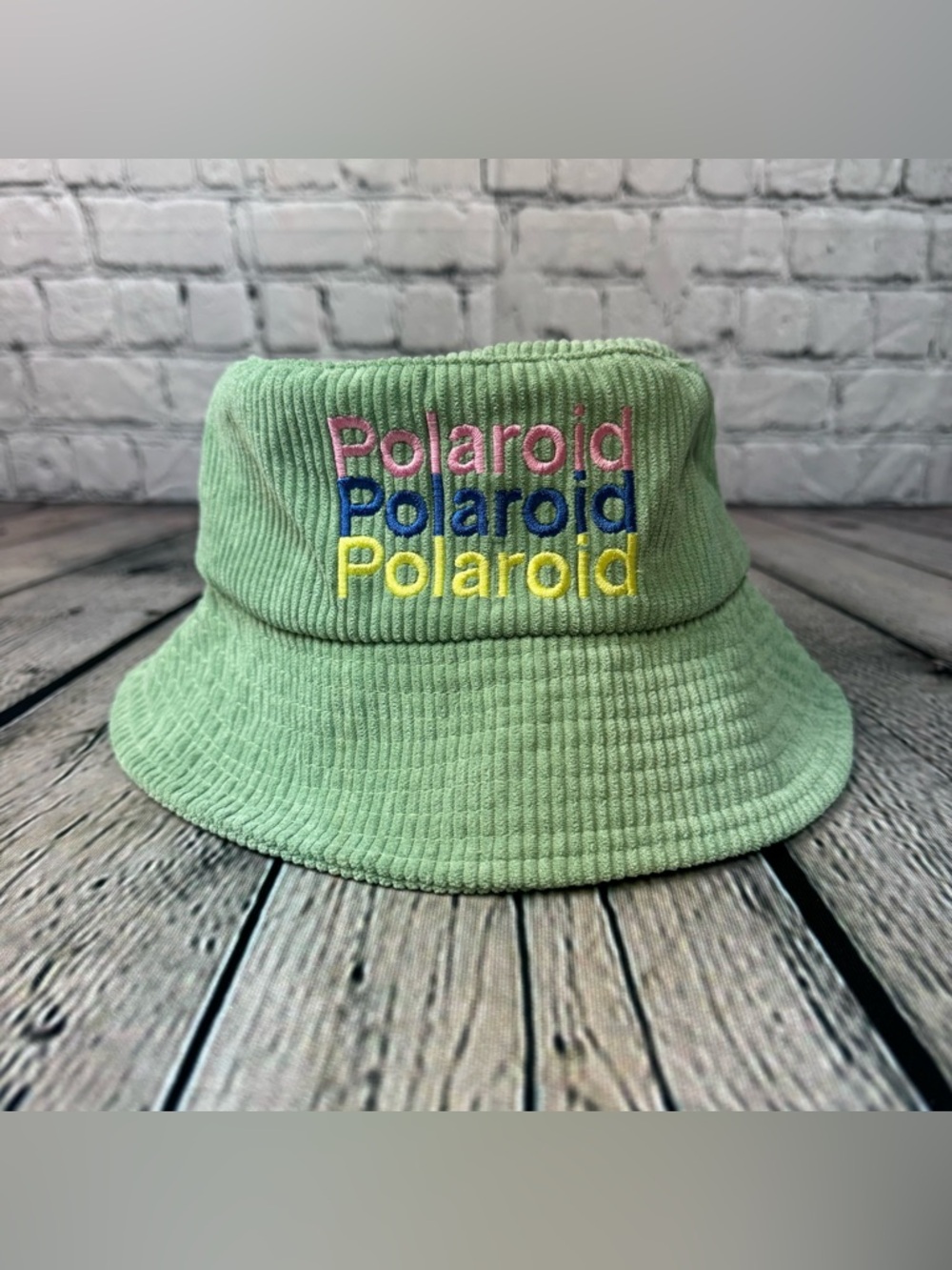 Polaroid Mint Corduroy Bucket Hat with Embroidered Multicolor Logo Patch